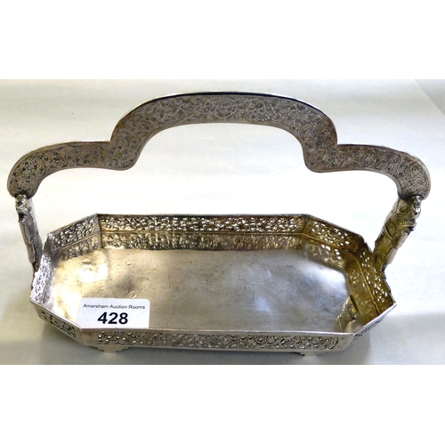 428 - An Asian white metal condiments tray of octagonal form with a fixed triple arched handle  7.5