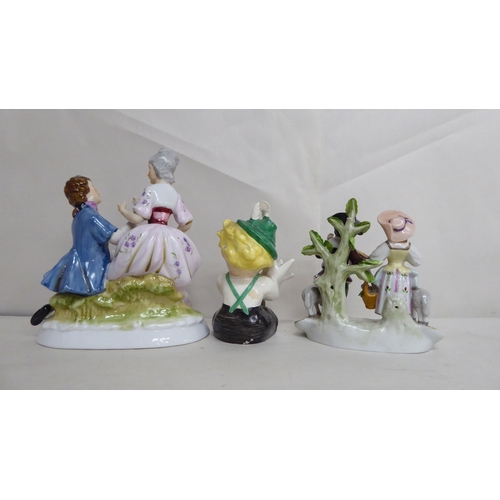 43 - Ten late 19th/mid 20thC European porcelain figures: to include ladies in period costume  largest 8