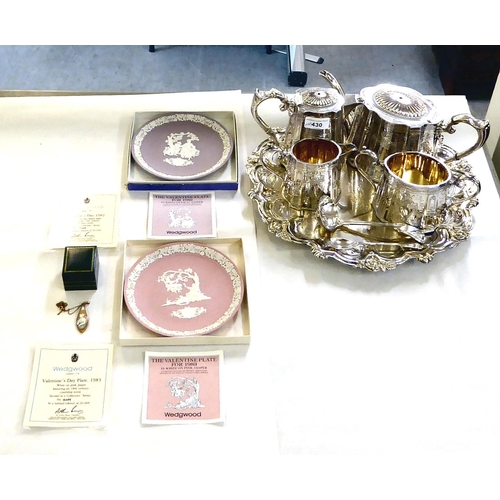 430 - A mixed lot: to include a late Victorian silver plated, four piece tea set, on tray  12