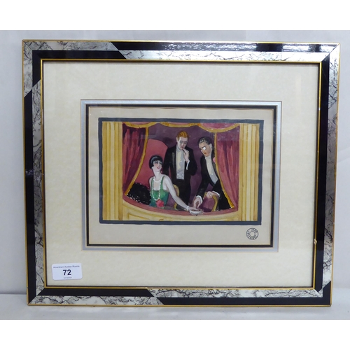 72 - Jean Fressinet - three figures in an opera balcony box  watercolour  bears the artist stam... 