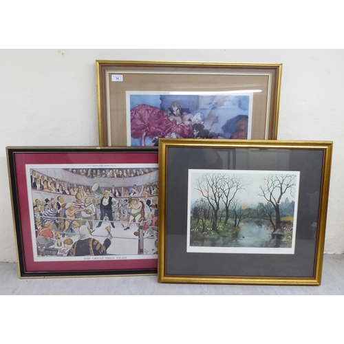 76 - Three framed prints: to include after Helen Bradley - an autumnal riverscape  coloured print&nb... 