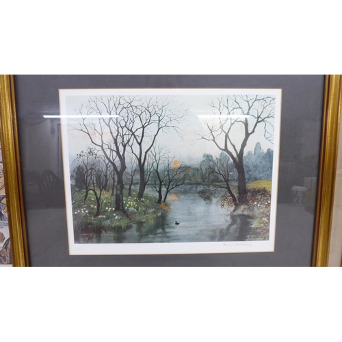 76 - Three framed prints: to include after Helen Bradley - an autumnal riverscape  coloured print&nb... 