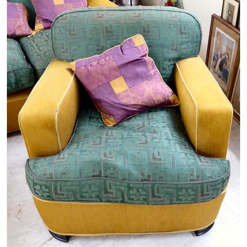 88 - An Art Deco inspired, two-tone fabric upholstered three piece suite, raised on block feet, comprisin... 