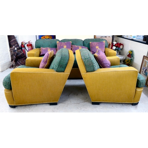 88 - An Art Deco inspired, two-tone fabric upholstered three piece suite, raised on block feet, comprisin... 