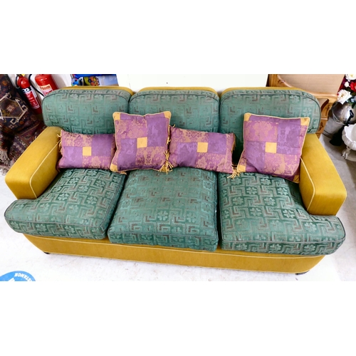 88 - An Art Deco inspired, two-tone fabric upholstered three piece suite, raised on block feet, comprisin... 