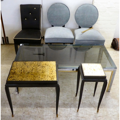 93 - Six pieces of modern furniture: to include a brass and steel framed coffee table with a black tinted... 