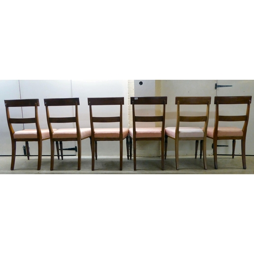 117 - A set of six 19thC double bar back, mahogany framed dining chairs with later fabric covered seats, r... 