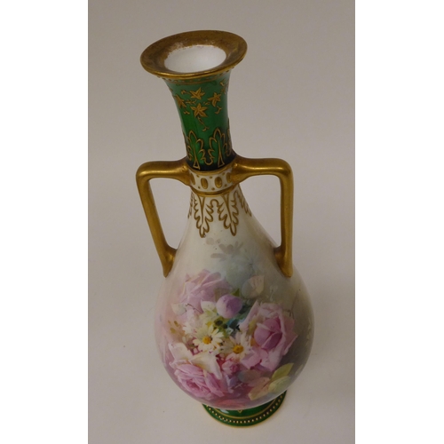 129 - A Royal Doulton china pedestal ovoid shape, twin handled vase, decorated with roses and other flora ... 