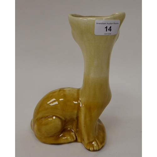 14 - An early JRM & Co (JP Mally) china novelty vase, fashioned as a seated cat with glass eyes ... 