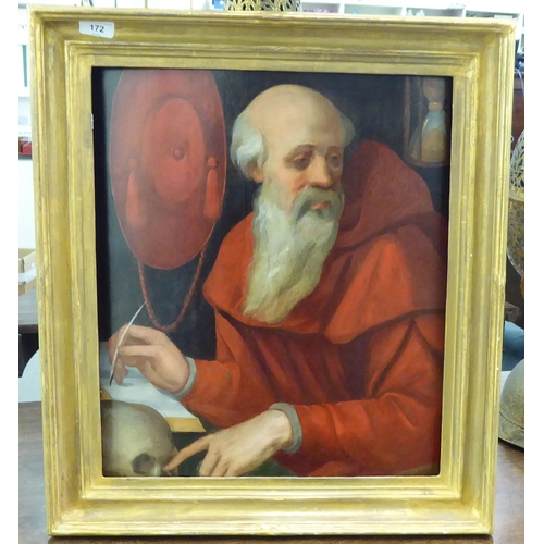 172 - 19thC Continental School - a half-length study, a monk at work on a table  oil on board  1... 