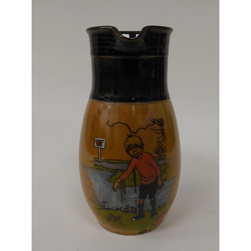 176 - An early 20thC brown and green stoneware jug, decorated with a little boy emerging from a stream, be... 