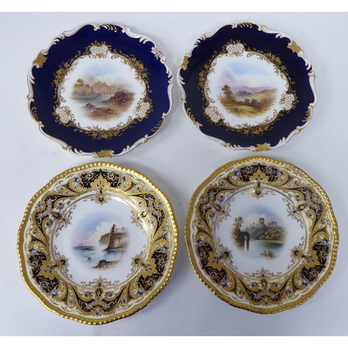 177 - Two pairs of late 19thC Coalport china wall plates, depicting 'Tantallon Castle' and 'Warwick Castle... 