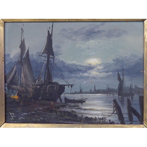 182 - 19thC British School - moored and beached vessels at dusk  oil on panel  bears an indistin... 