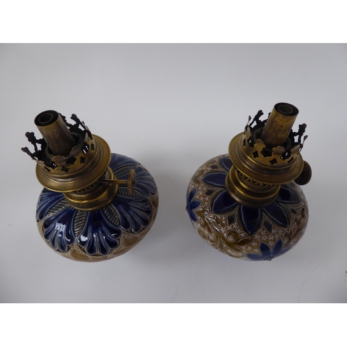 196 - Two similar Royal Doulton stoneware and brass lamp bases with burners  bears impressed marks&nb... 