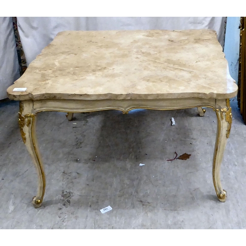 227 - A modern coffee table, the serpentine outlined marble top raised on cream and gilt painted cabriole ... 