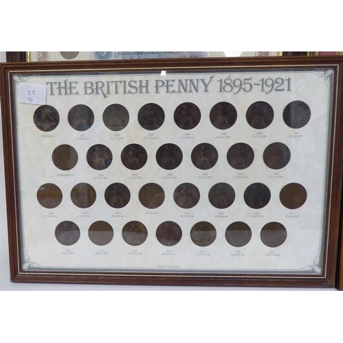 23 - Framed coins, stamps and banknotes, viz. The British Penny 1895-1921; The British Currency and Stamp... 