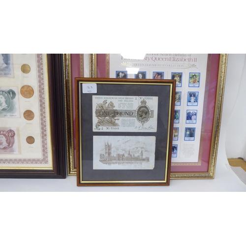 23 - Framed coins, stamps and banknotes, viz. The British Penny 1895-1921; The British Currency and Stamp... 