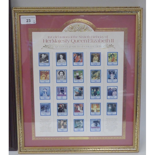 23 - Framed coins, stamps and banknotes, viz. The British Penny 1895-1921; The British Currency and Stamp... 