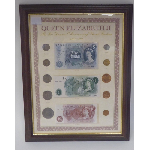 23 - Framed coins, stamps and banknotes, viz. The British Penny 1895-1921; The British Currency and Stamp... 