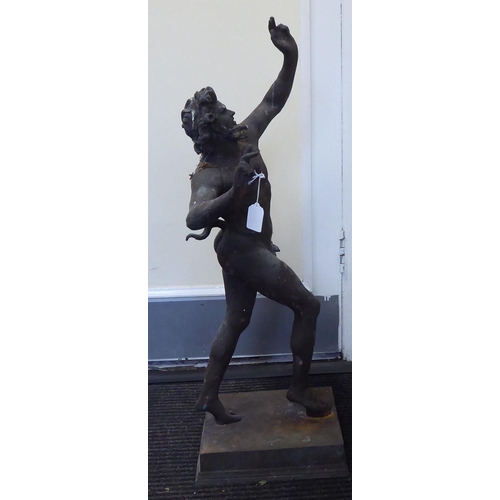 231 - A cast bronze figure, a Greek satyr 'The Dancing Faun of Pompeii' with horns and a tail, on a square... 