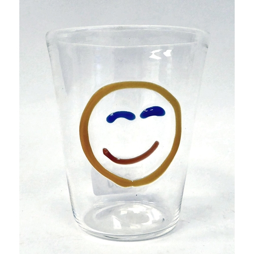 240 - A clear glass beaker, decorated in raised colours  bears an etched signature Ulessimo