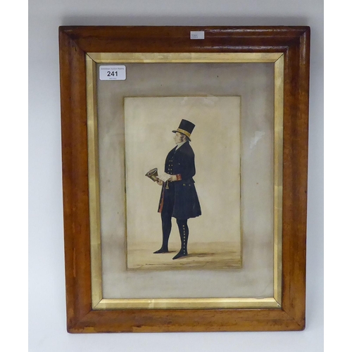 241 - 19thC British School - a court official wearing a top hat and uniform black coat, holding a proclama... 