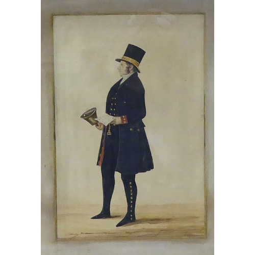 241 - 19thC British School - a court official wearing a top hat and uniform black coat, holding a proclama... 