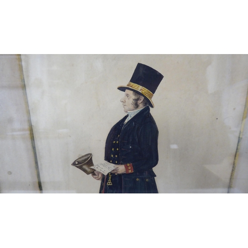 241 - 19thC British School - a court official wearing a top hat and uniform black coat, holding a proclama... 