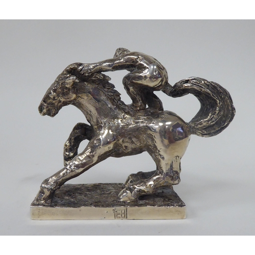 256 - A series of three, solid silver models, depicting acrobatic horsemen, each set on a rectangular plin... 