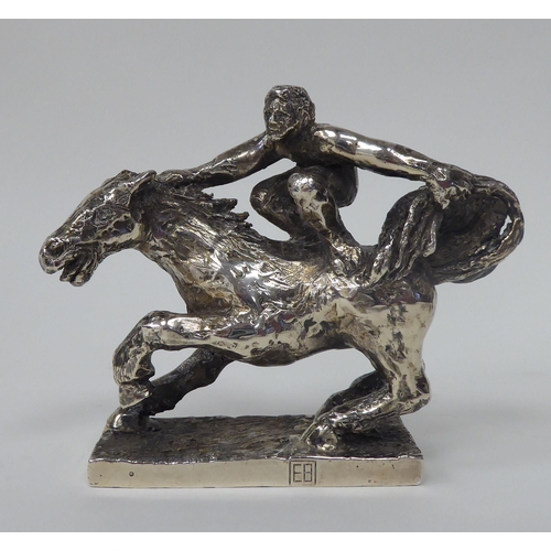 256 - A series of three, solid silver models, depicting acrobatic horsemen, each set on a rectangular plin... 