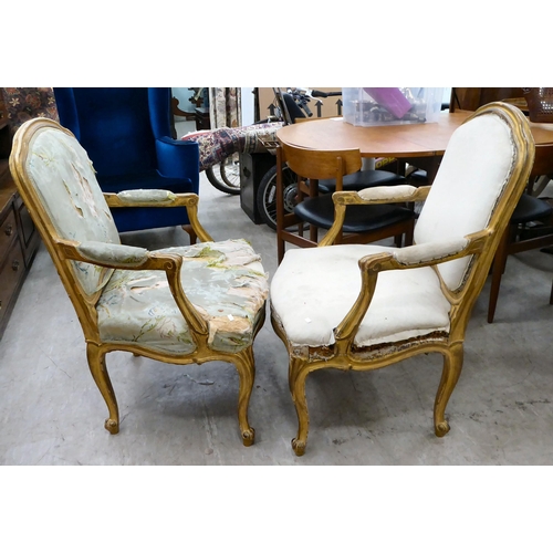 270 - A pair of late 19thC French gilded pine, showwood framed, open arm salon chairs, raised on cabriole ... 