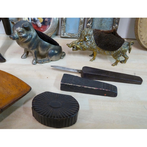 281 - 20thC novelty and curiosity items: to include animal pin cushions; beadworked slippers; and metalwar... 