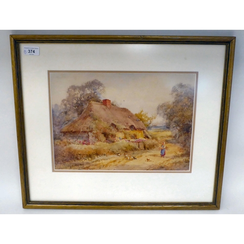 374 - Sylvester Stannard - a figure on a path with hens, beside a thatched cottage  watercolour ... 