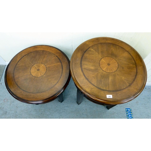 399 - Two similar modern mahogany finished occasional tables, each raised on square, tapered legs  la... 