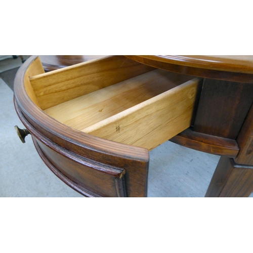 399 - Two similar modern mahogany finished occasional tables, each raised on square, tapered legs  la... 