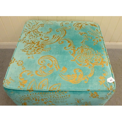 402 - A modern blue and gold coloured fabric upholstered box design stool  17