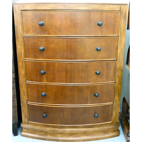 403 - A modern mahogany finished bowfront, five drawer dressing chest, on a plinth  53