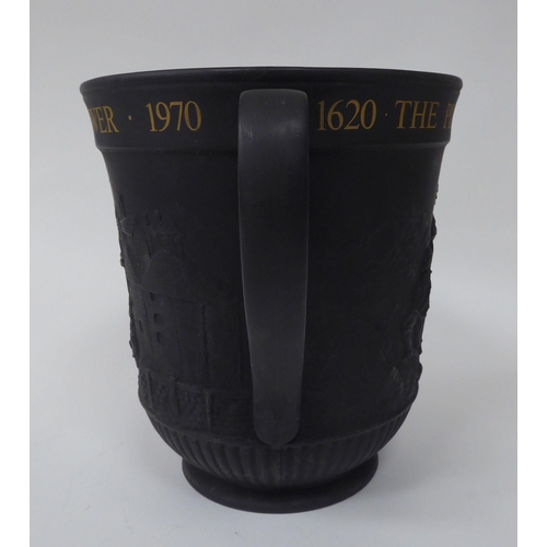 61 - A Royal Doulton basalt twin handled vase, celebrating the voyage of The Mayflower in 1970 and emboss... 