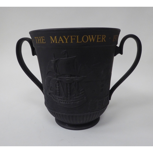 61 - A Royal Doulton basalt twin handled vase, celebrating the voyage of The Mayflower in 1970 and emboss... 