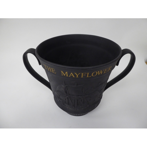 61 - A Royal Doulton basalt twin handled vase, celebrating the voyage of The Mayflower in 1970 and emboss... 