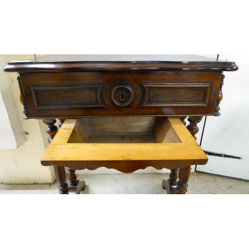 8 - A late Victorian mahogany work table with a serpentine outlined, hinged lid, over reeded pillar supp... 