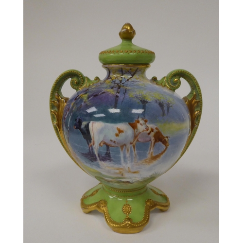 83 - A Royal Doulton gilded and lime green china twin handled bottle vase of spherical form with a stoppe... 