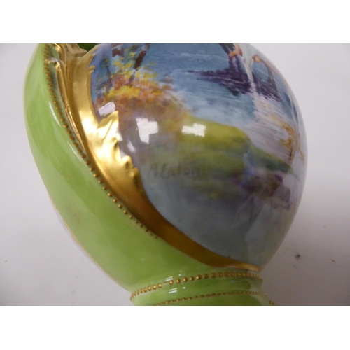 83 - A Royal Doulton gilded and lime green china twin handled bottle vase of spherical form with a stoppe... 