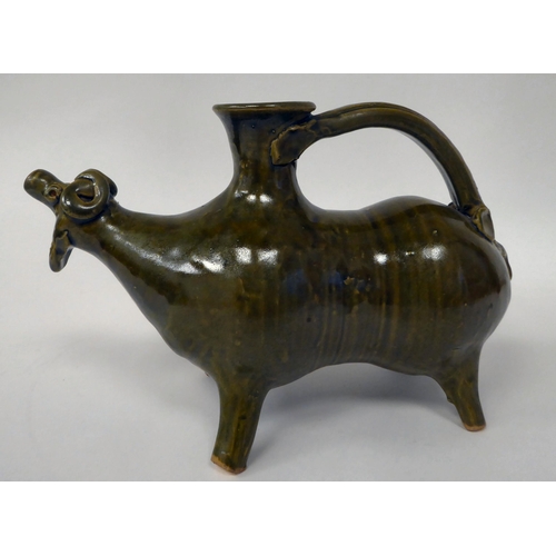 86 - A 20thC Chinese green glazed pottery animal pouring vessel, possibly Zhejiang Province  6.25