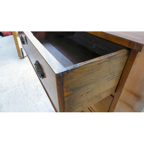 97 - A late 19thC ebony inlaid, crossbanded mahogany, three drawer dressing chest, raised on bracket feet... 