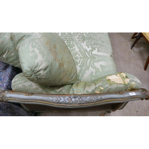 268 - A 20thC grey shabby chic painted, antique French inspired, single bed frame with a caned head and fo... 