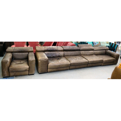 395 - A modern Natuzzi brown hide upholstered four section settee; and a matching chair 