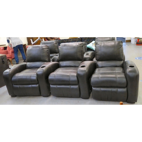 416 - A row of three brown hide upholstered manual reclining cinema chair with cup holders to each arm&nbs... 