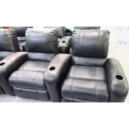 416 - A row of three brown hide upholstered manual reclining cinema chair with cup holders to each arm&nbs... 