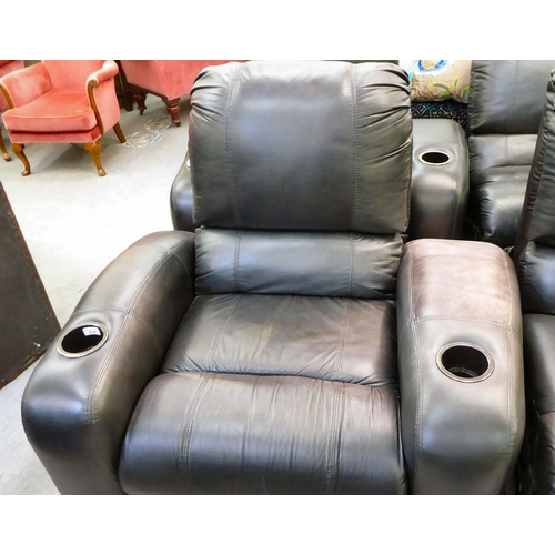 416 - A row of three brown hide upholstered manual reclining cinema chair with cup holders to each arm&nbs... 